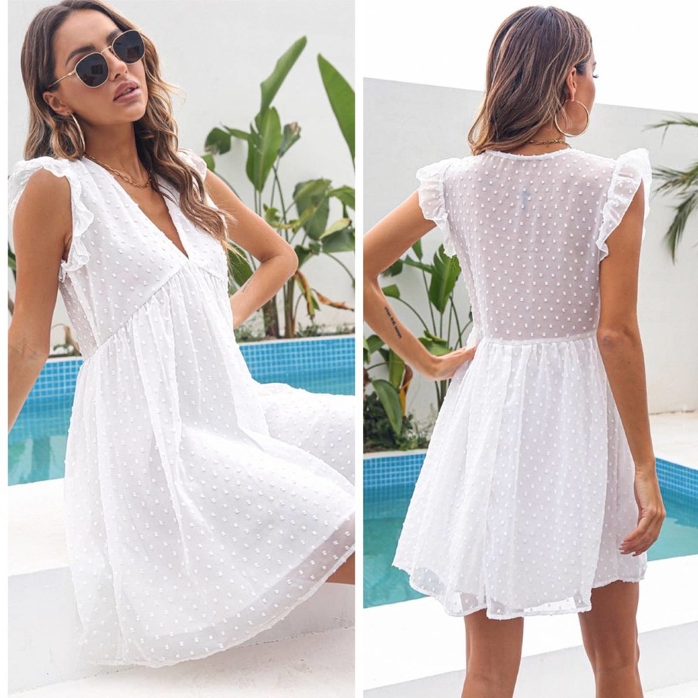 White Swiss Dot Ruffled Deep V Mini Dress - Picture 2 of 3